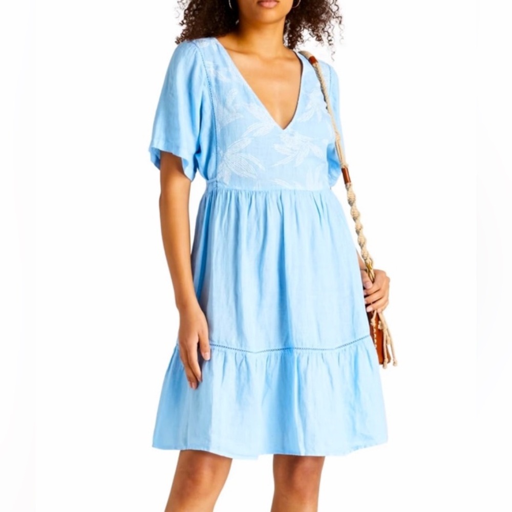 REAL LINEN 120% LINO - XS- Blue Tiered Ruffled Mini Sundress